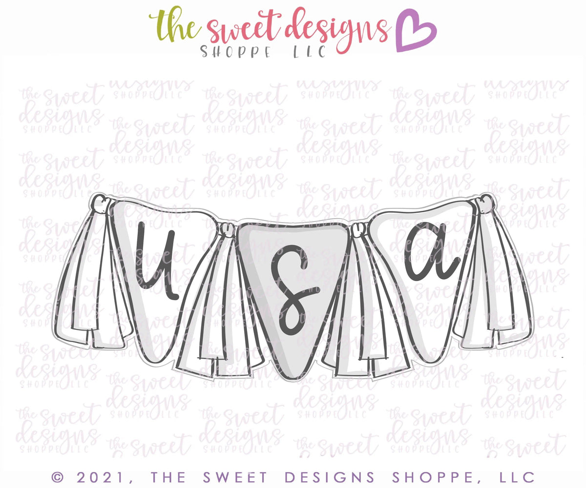 Cookie Cutters - USA Bunting - Plaque - Cookie Cutter - The Sweet Designs Shoppe - TSDS - - 4th,4th july,4th of July,ALL,BasicShapes,Birthday,Bunting,Cookie Cutter,Misc,Miscelaneous,Miscellaneous,MOM,Mom Plaque,mother,Mothers Day,patriotic,Patriotric,Plaque,Plaques,PLAQUES HANDLETTERING,Promocode,STL,USA