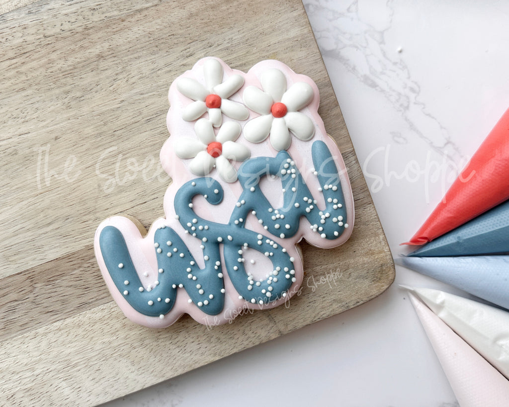 Cookie Cutters - USA Daisy Plaque - Cookie Cutter - The Sweet Designs Shoppe - TSDS - - 4th,4th July,4th of July,ALL,Cookie Cutter,fourth of July,Independence,Lettering,Patriotic,Plaque,Plaques,PLAQUES HANDLETTERING,Promocode,STL,USA
