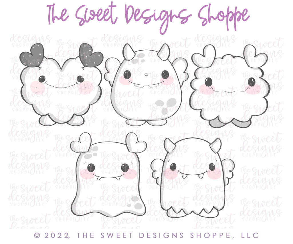 Cookie Cutters - Valentines Monsters Cookie Cutter Set - Set of 5 - Cookie Cutters - The Sweet Designs Shoppe - TSDS - - ALL,Cookie Cutter,halloween,Halloween set,Mini Sets,Monster,Promocode,regular sets,set,STL,valentine,Valentine's
