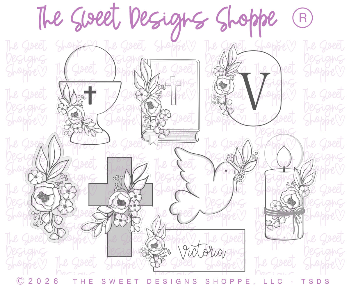 Cookie Cutters - Victoria's Communion Set - Set of 8 - Cookie Cutters & Color Palette (PDF) - The Sweet Designs Shoppe - TSDS - - ALL,Baptism,bible,Christ,Christening,Color palette,Cookie Cutter,cross,dove,First Communion,Promocode,regular sets,Religious,set,STL