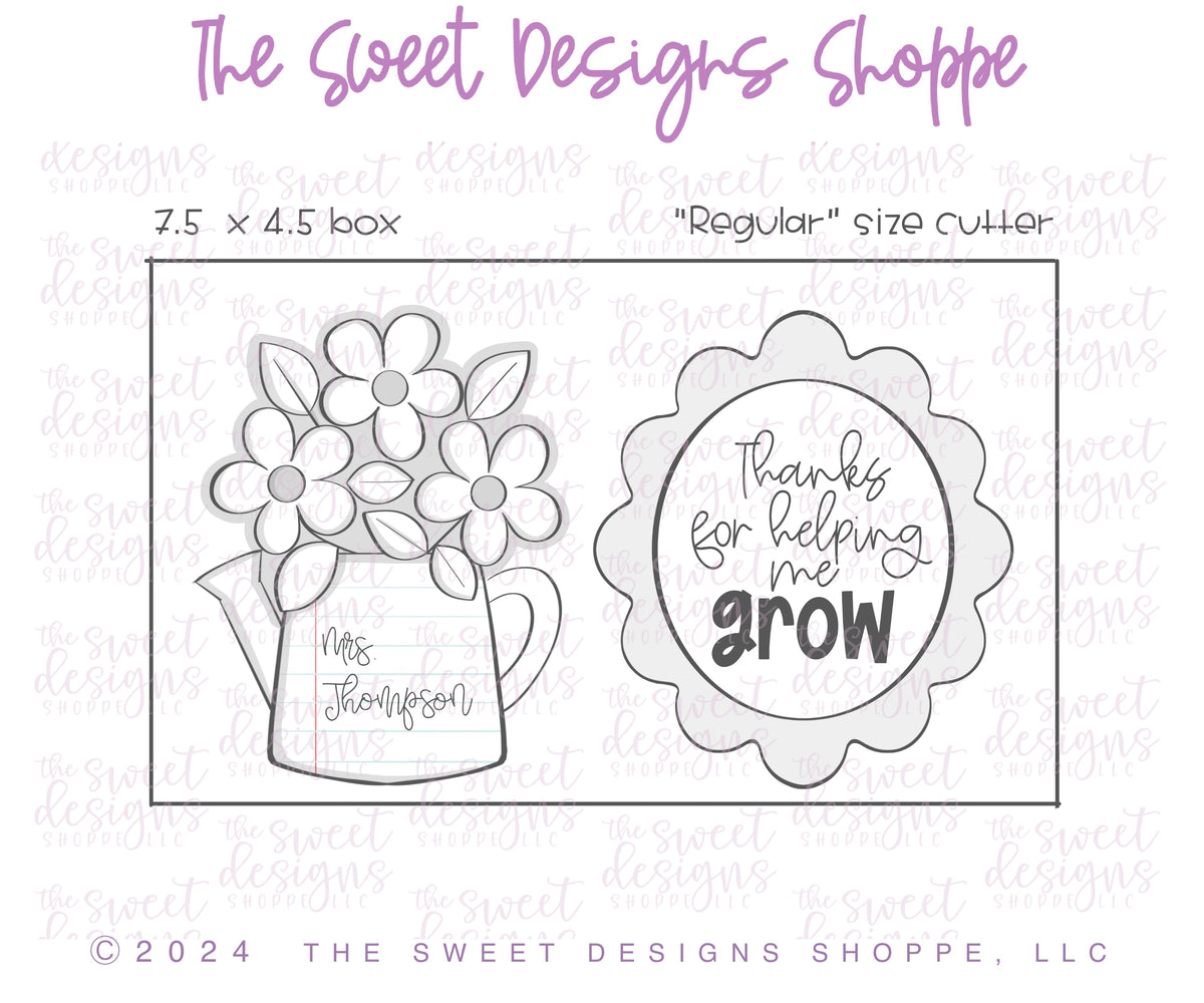 Cookie Cutters - Watering Can with Daisies & Wavy Oval Plaque Set - Set of 2 - Cookie Cutters - The Sweet Designs Shoppe - TSDS - - ALL,Cookie Cutter,Flower,Flowers,Leaves and Flowers,MOM,Mom Plaque,mother,Mothers Day,Plaque,Plaques,PLAQUES HANDLETTERING,Promocode,regular sets,School,School / Graduation,set,STL,Teach,Teacher,Teacher Appreciation,Woodlands Leaves and Flowers