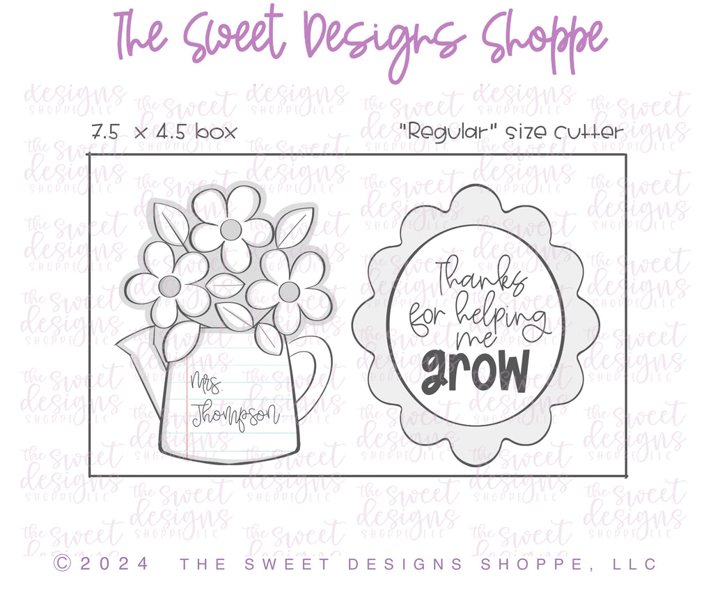 Cookie Cutters - Watering Can with Daisies & Wavy Oval Plaque Set - Set of 2 - Cookie Cutters - The Sweet Designs Shoppe - TSDS - - ALL,Cookie Cutter,Flower,Flowers,Leaves and Flowers,MOM,Mom Plaque,mother,Mothers Day,Plaque,Plaques,PLAQUES HANDLETTERING,Promocode,regular sets,School,School / Graduation,set,STL,Teach,Teacher,Teacher Appreciation,Woodlands Leaves and Flowers