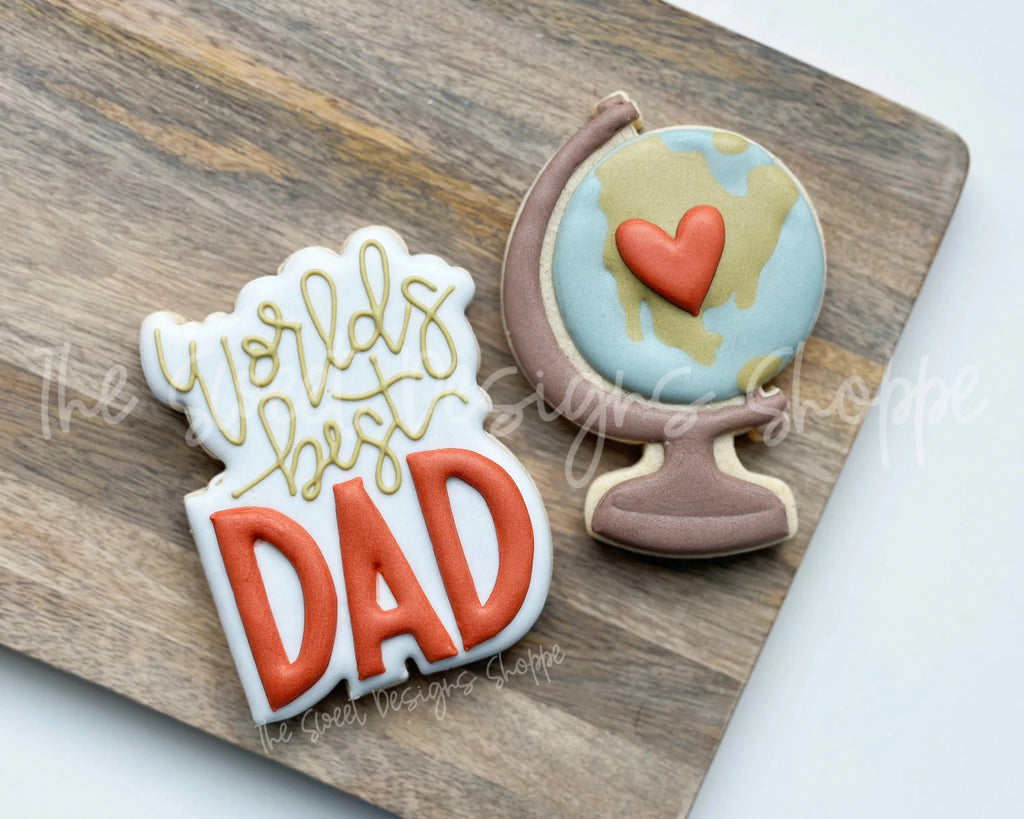 Cookie Cutters - Worlds Best Dad & Globe Cookie Cutter Set - Set of 2 - Cookie Cutters - The Sweet Designs Shoppe - Set of 2 - Globe005 MS & Plaque394 R ( 4" Tallest) - ALL, Cookie Cutter, dad, Father, Fathers Day, grandfather, Mini Sets, Plaque, Plaques, PLAQUES HANDLETTERING, Promocode, regular sets, set