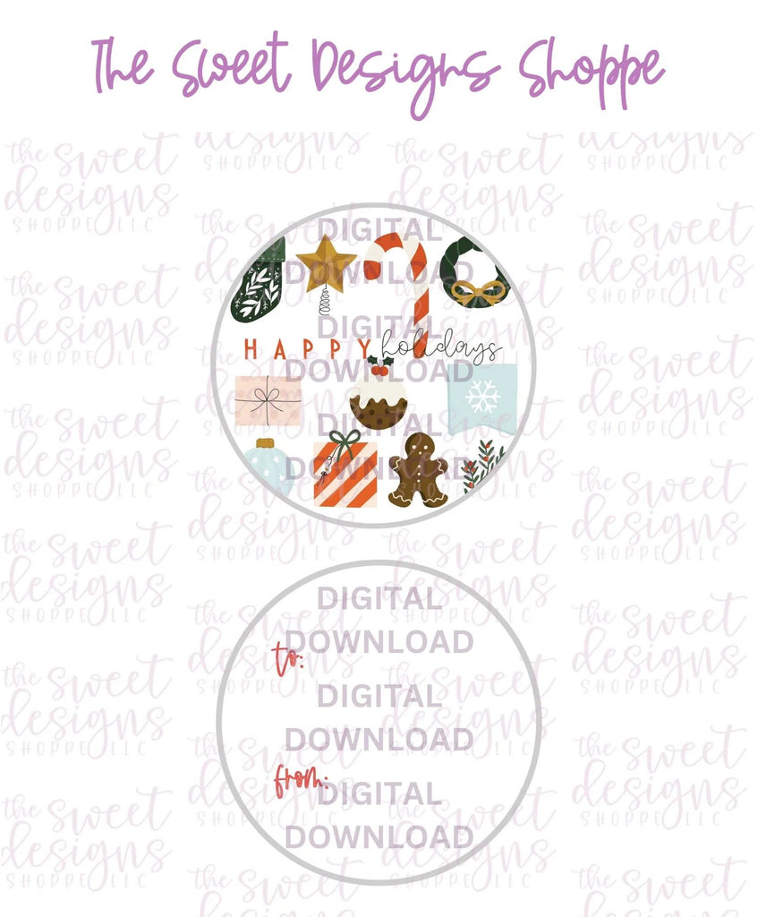 E-TAG - Happy Holidays #1 - Digital Instant Download 2" Round Tag - Sweet Designs Shoppe - - 2" Round, ALL, Christmas, Circle, Download, E-Tag, Promocode, Round Tag, TAG, Tags