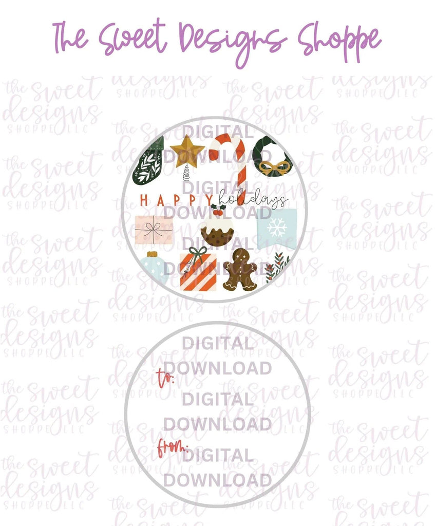 E-TAG - Happy Holidays #1 - Digital Instant Download 2" Round Tag - The Sweet Designs Shoppe - - 2" Round, ALL, Christmas, Circle, Download, E-Tag, Promocode, Round Tag, TAG, Tags