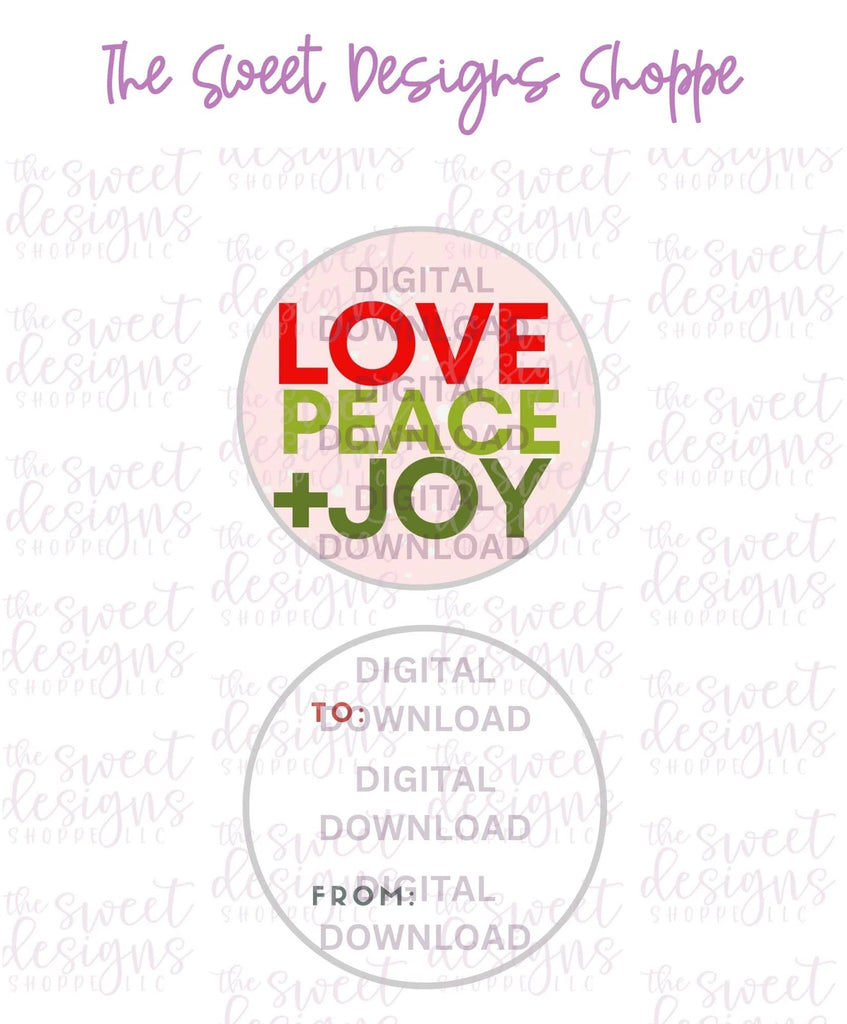 E-TAG - LovePeace+Joy #1 - Digital Instant Download 2" Round Tag - Sweet Designs Shoppe - - 2" Round, ALL, Christmas, Circle, Download, E-Tag, Promocode, Round Tag, TAG, Tags