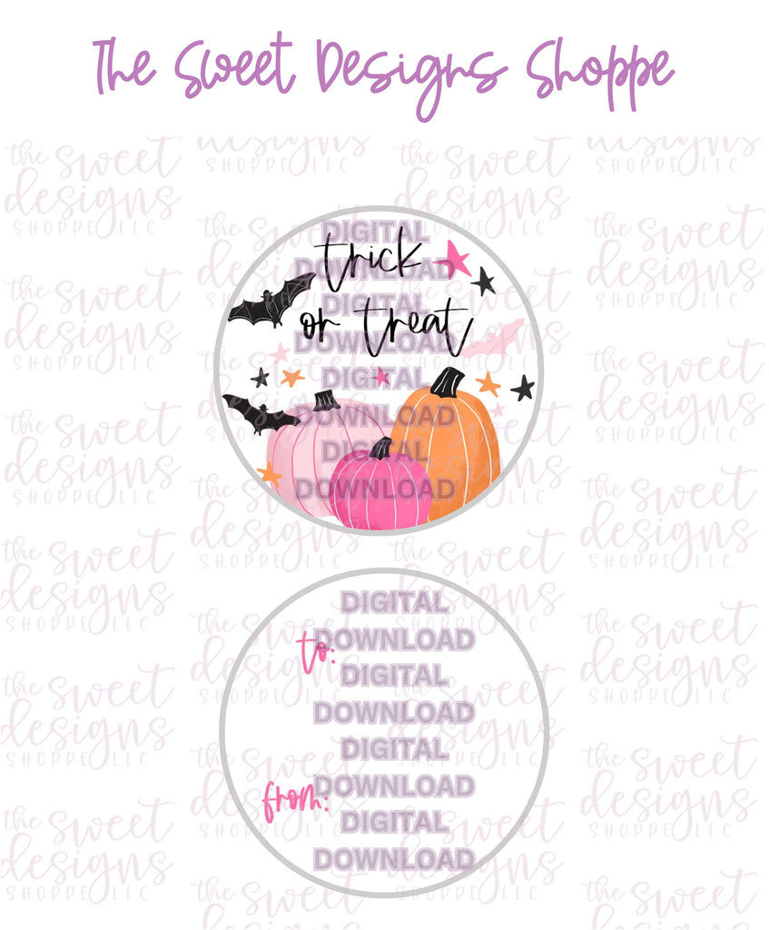 E-TAG - Trick or Treat #1 - Digital Instant Download 2" Round Tag - Sweet Designs Shoppe - - 2" Round, ALL, Circle, Download, E-Tag, Halloween, Promocode, Round Tag, TAG, Tags