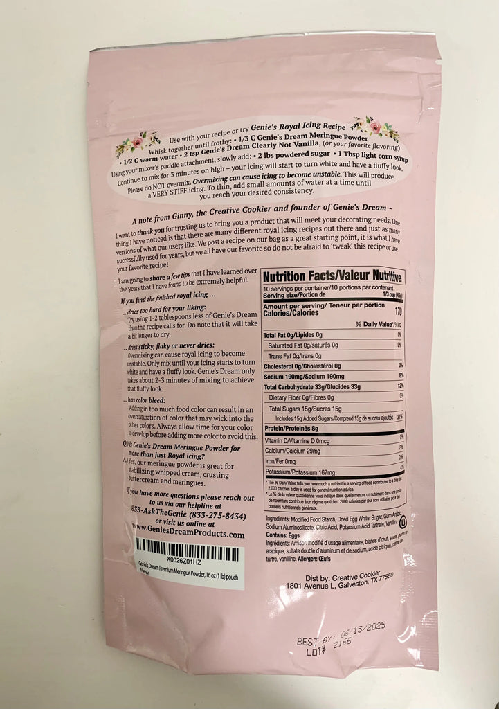 Edible Supplies - Meringue Powder - Genie's Dream - 1 lb bag (16 Ounces) - USA Shipments ONLY - Creative Cookier - - All, creative cookier, Flour, Genie, Merenge, Merengue, Promocode