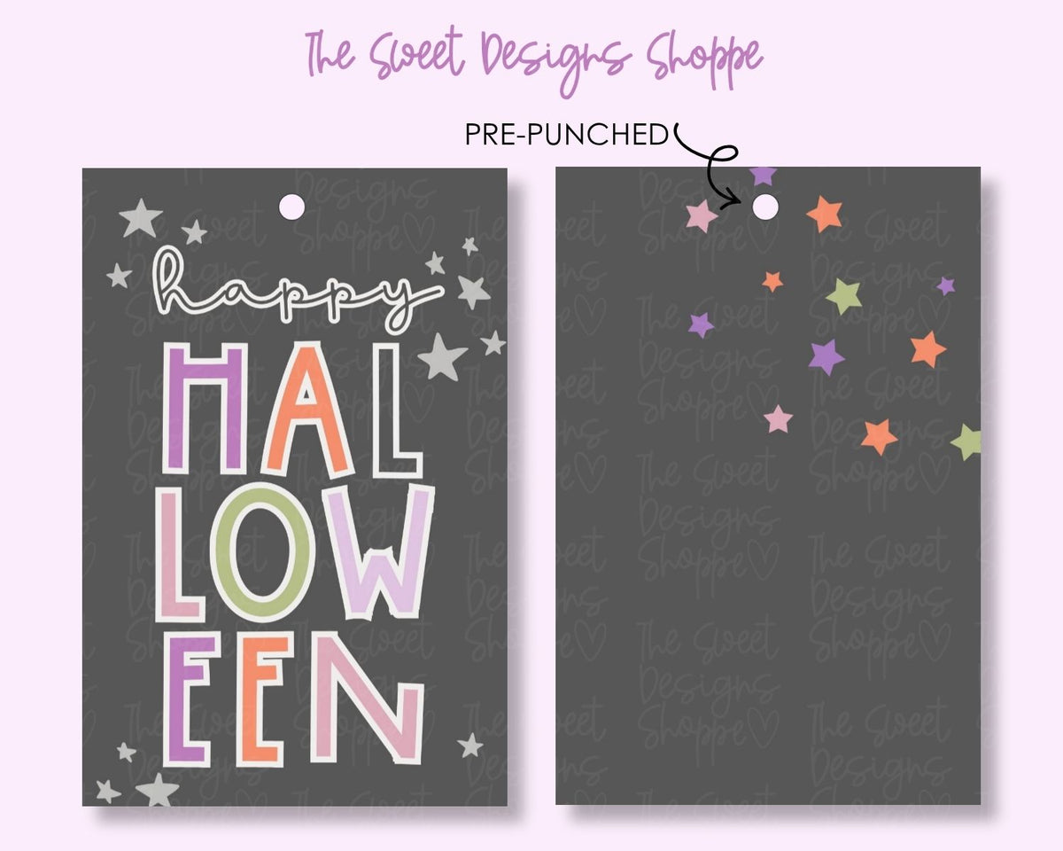 Gift Tag - Gift Tag: "happy HALLOWEEN" 2" x 3" - Set of 25 Tags , Pre-punched hole - The Sweet Designs Shoppe - TSDS - - ALL,Gift Tag,halloween,Printed tag,Promocode,TAG,Tags