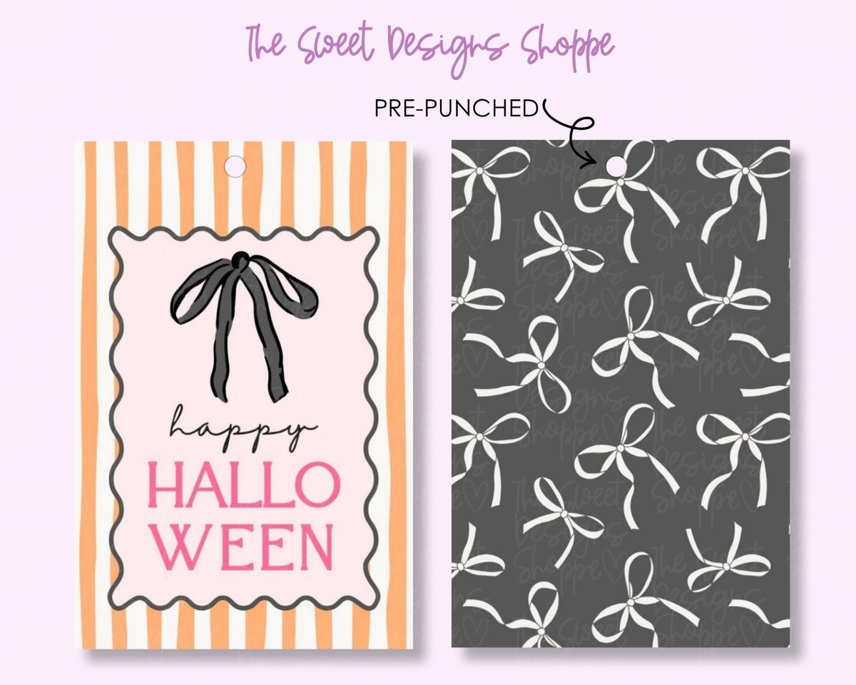 Gift Tag - Gift Tag: "happy HALLOWEEN - Black Bow" 2" x 3" - Set of 25 Tags , Pre-punched hole - The Sweet Designs Shoppe - TSDS - - ALL,Gift Tag,halloween,Printed tag,Promocode,TAG,Tags
