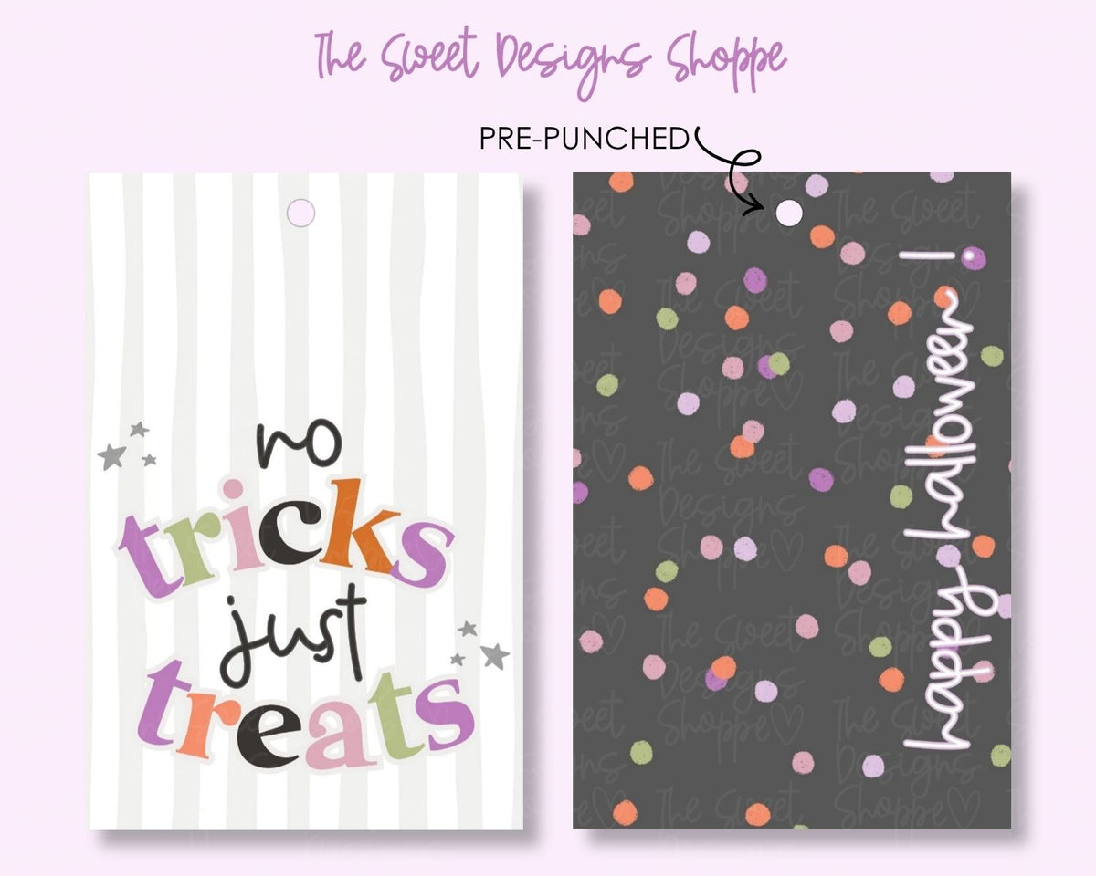 Gift Tag - Gift Tag: "no tricks just treats" 2" x 3" - Set of 25 Tags , Pre-punched hole - The Sweet Designs Shoppe - TSDS - - ALL,Gift Tag,halloween,Printed tag,Promocode,TAG,Tags