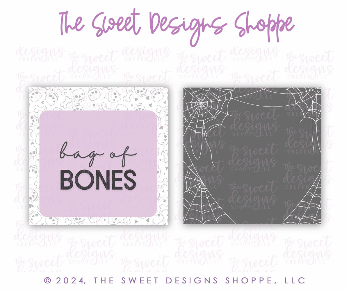 Gift Tag - Gift Tags: bag of BONES 2" x 2" - Set of 25 Tags , Pre-punched hole. - The Sweet Designs Shoppe - TSDS - - ALL,Gift Tag,halloween,Printed tag,Promocode,TAG,Tags
