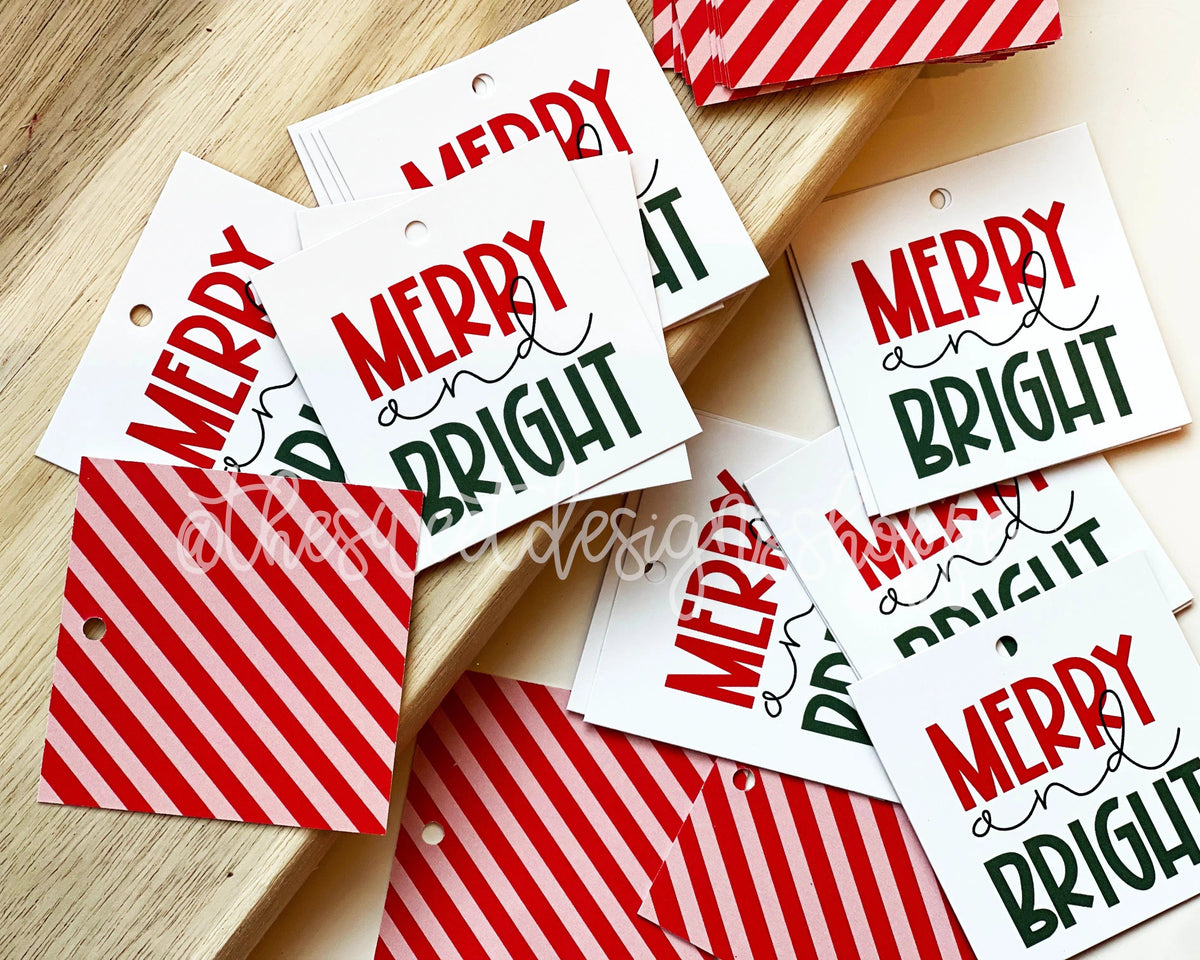 Gift Tag - Gift Tags: Merry and Bright 2" x 2" - Set of 25 Tags , Pre-punched hole. - The Sweet Designs Shoppe - TSDS - - ALL,Christmas,Christmas / Winter,Gift Tag,Printed tag,Promocode,TAG,Tags