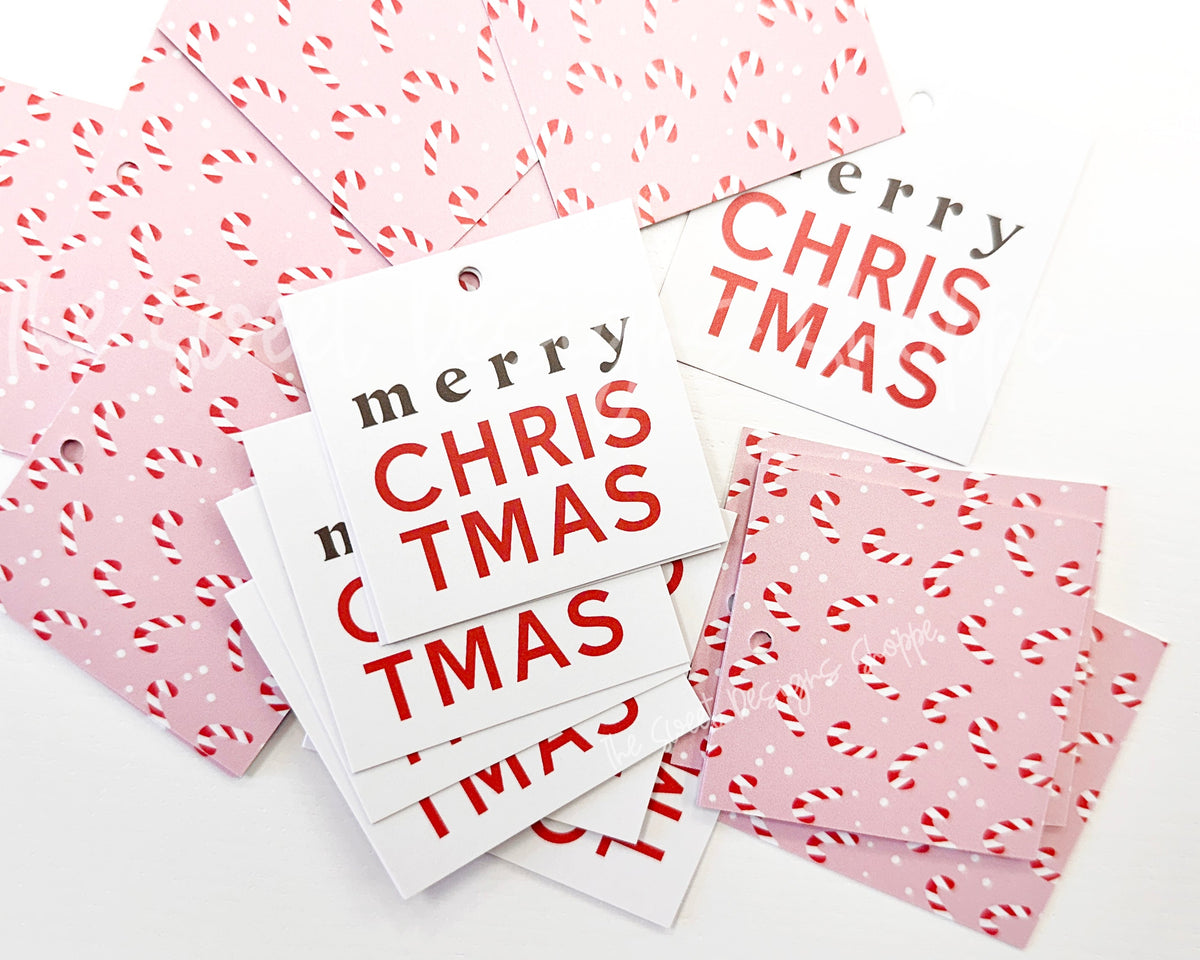 Gift Tag - Gift Tags: merry CHRISTMAS Candy Cane 2" x 2" - Set of 25 Tags , Pre-punched hole. - The Sweet Designs Shoppe - TSDS - - ALL,Christmas,Christmas / Winter,Gift Tag,Printed tag,Promocode,TAG,Tags