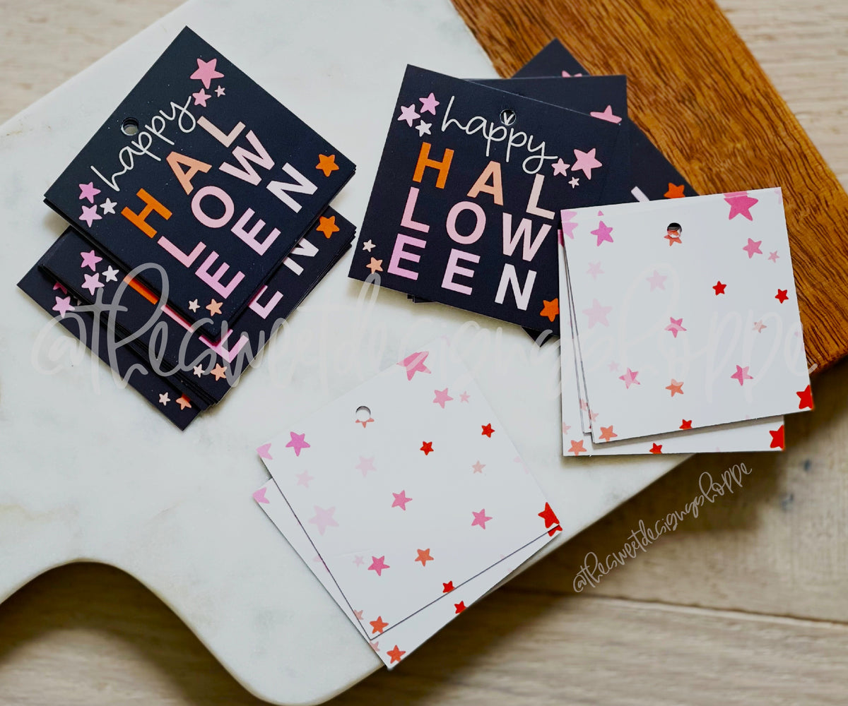Gift Tag - Gift Tags: Simply Happy Halloween 2" x 2" - Set of 25 Tags , Pre-punched hole. - The Sweet Designs Shoppe - TSDS - - ALL,Gift Tag,halloween,Printed tag,Promocode,TAG,Tags