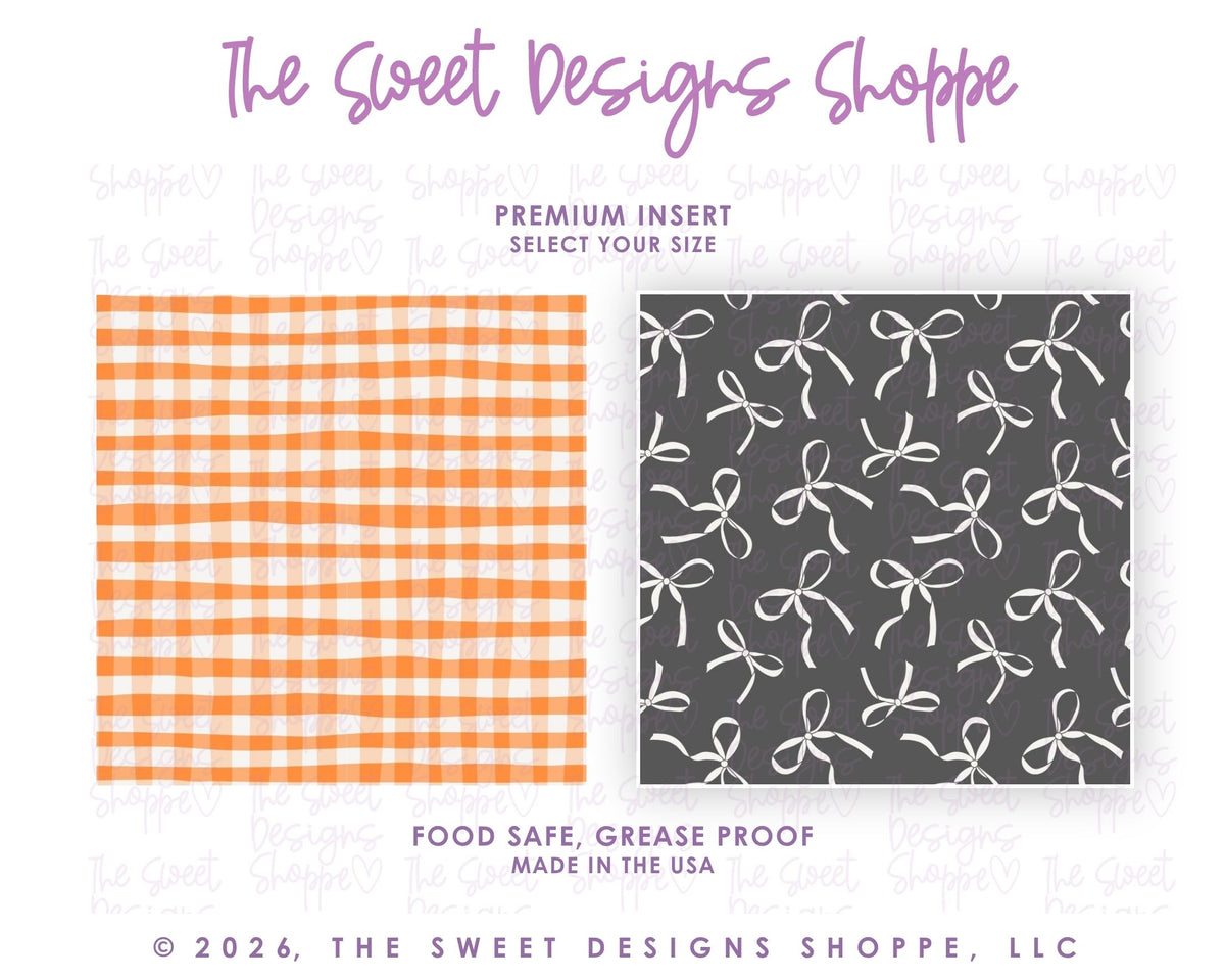 Premium Insert - Premium Inserts : Orange/White Pattern & White Bows - Set of 25 - Food Safe & Grease Proof Inserts ( Select Size) - The Sweet Designs Shoppe - TSDS - - ALL,back,Bow,bows,Fall,Fall / Halloween,Fall / Thanksgiving,halloween,Halloween / Fall / Thanksgiving,Insert,Premium Insert,Promocode