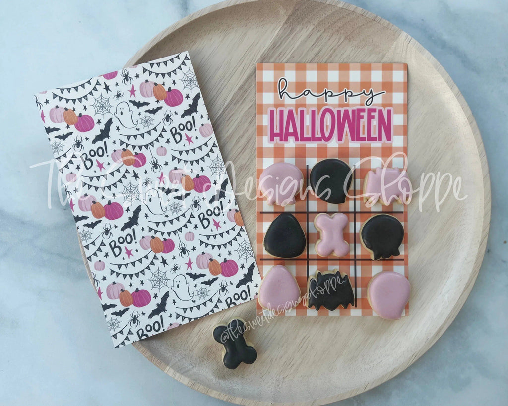 Printed Box Backer - Printed Box Backer : TicTacToe "Boo! happy HALLOWEEN" - Set of 25 Backers - The Sweet Designs Shoppe - 4-1/2" x 7-1/2" (Set of 25 Printed Backers) - ALL, back, backers, box backers, boxbacker, halloween, PrintedBoxBacker, Promocode, Tic tac Toe