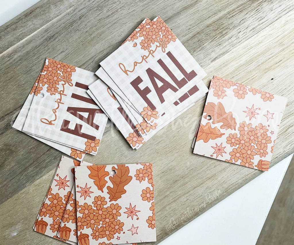 Printed TAG - Printed Tags: Happy Fall 2" x 2" - Set of 25 Tags , Pre-punched hole. - Sweet Designs Shoppe - - ALL, Fall, Fall / Thanksgiving, Halloween / Fall / Thanksgiving, Printed tag, Promocode, TAG, Tags, thanksgiving, Thanksgiving Tag, Thanksgiving Tags