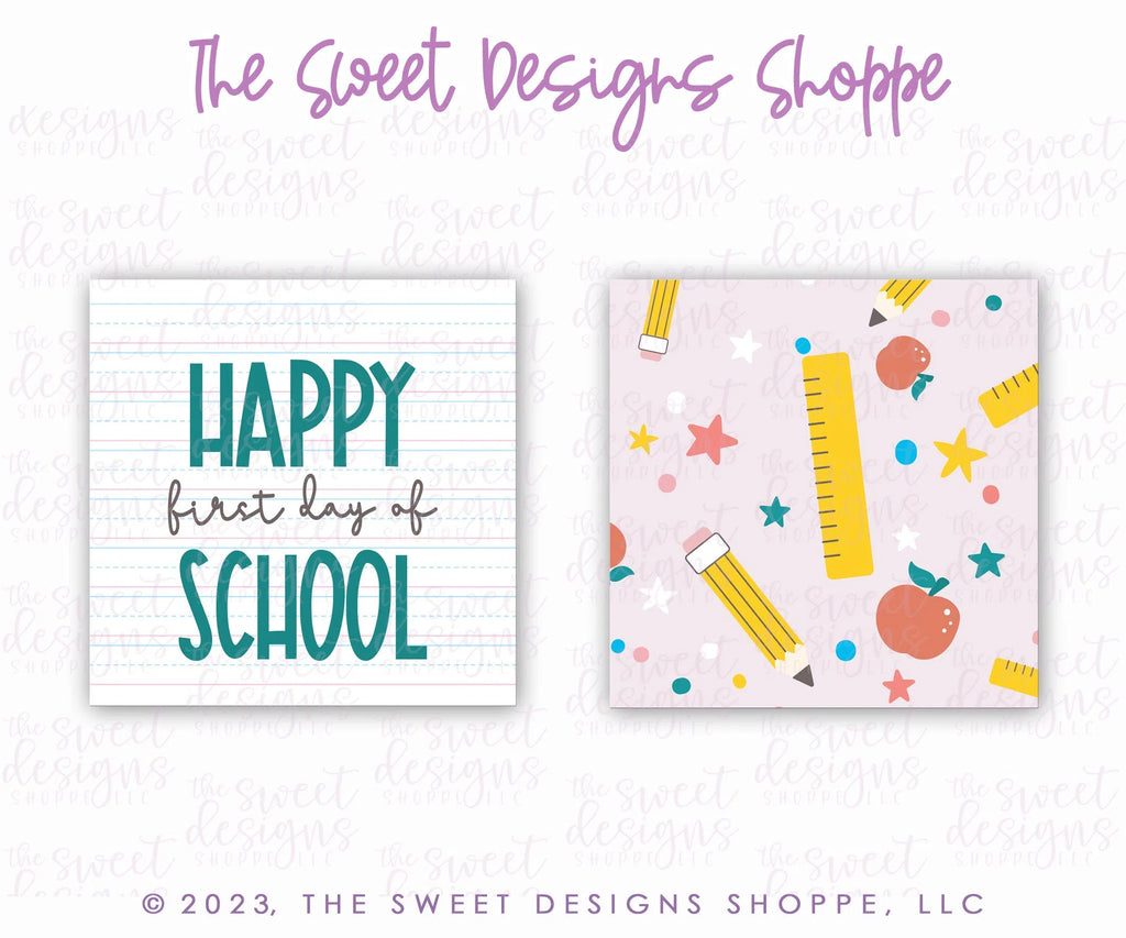Printed TAG - Printed Tags: "HAPPY first day of SCHOOL" 2" x 2" - Set of 25 Tags , Pre-punched hole. - Sweet Designs Shoppe - - ALL, back to school, Printed tag, Promocode, School, School / Graduation, school supplies, TAG, Tags, Teach, Teacher, Teacher Appreciation