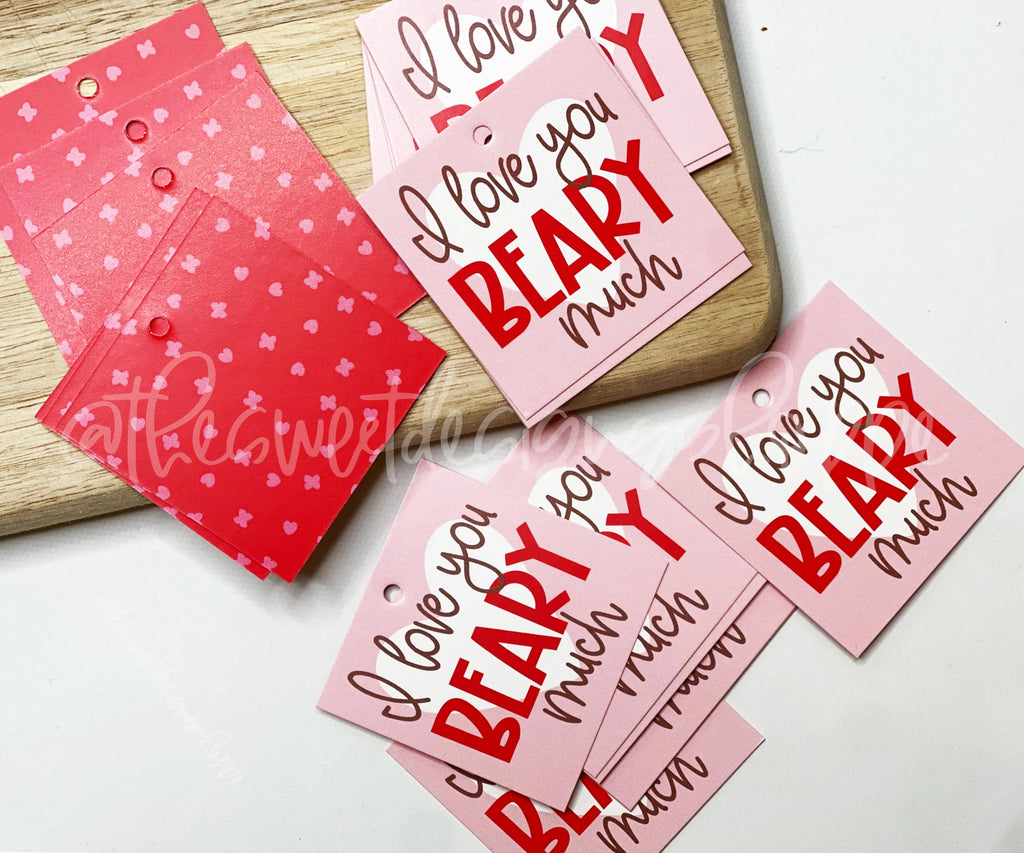 Printed TAG - Printed Tags: I Love You BEARY Much 2" x 2" - Set of 25 Tags , Pre-punched hole. - Sweet Designs Shoppe - - ALL, Printed tag, Promocode, TAG, Tags, valentine, Valentine's