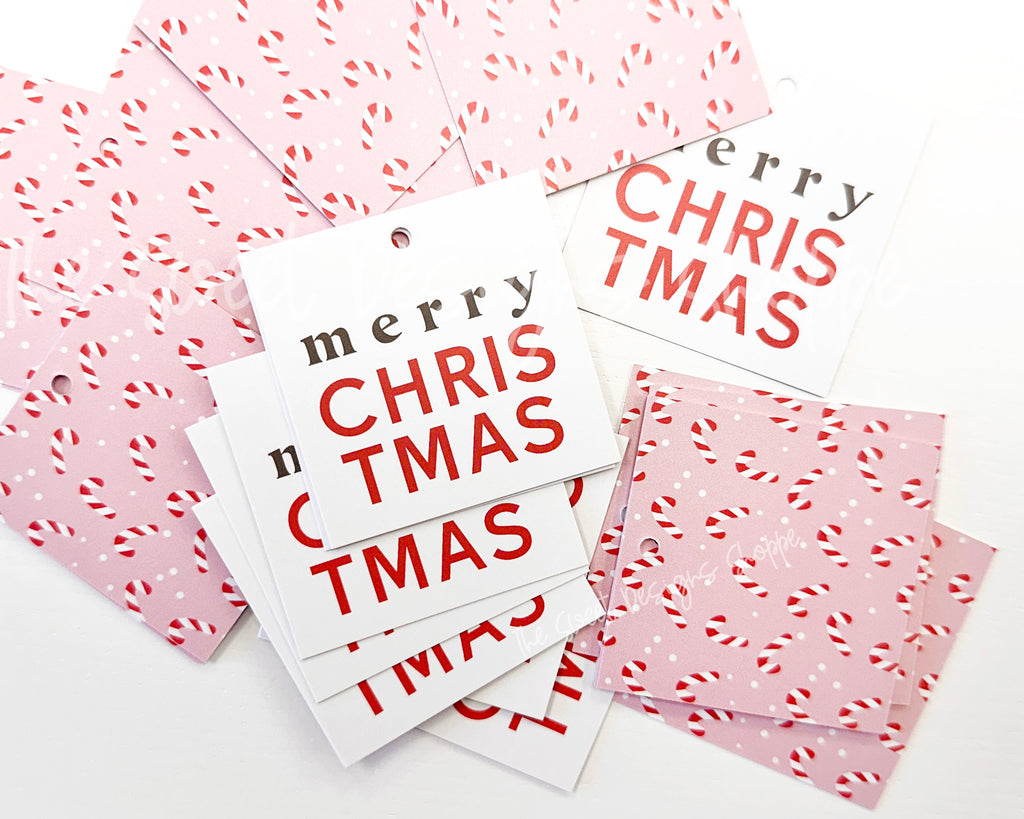 Printed TAG - Printed Tags: merry CHRISTMAS Candy Cane 2" x 2" - Set of 25 Tags , Pre-punched hole. - The Sweet Designs Shoppe - - ALL, Christmas, Christmas / Winter, new, Printed tag, Promocode, TAG, Tags