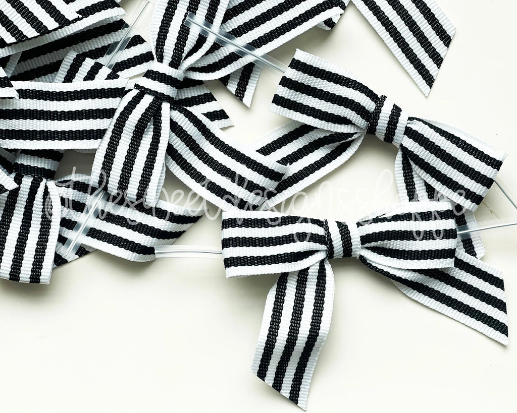 Ribbon Bow - Ribbon Bow with Twist Tie - Black & White Stripes Grosgrain - (50 Bows Pack) - Sweet Designs Shoppe - Pack of 50 Bows - ALL, Bow, bows, Grosgrain, Packaging, Packaging Supplies, Promocode, Ribbon, wrapping