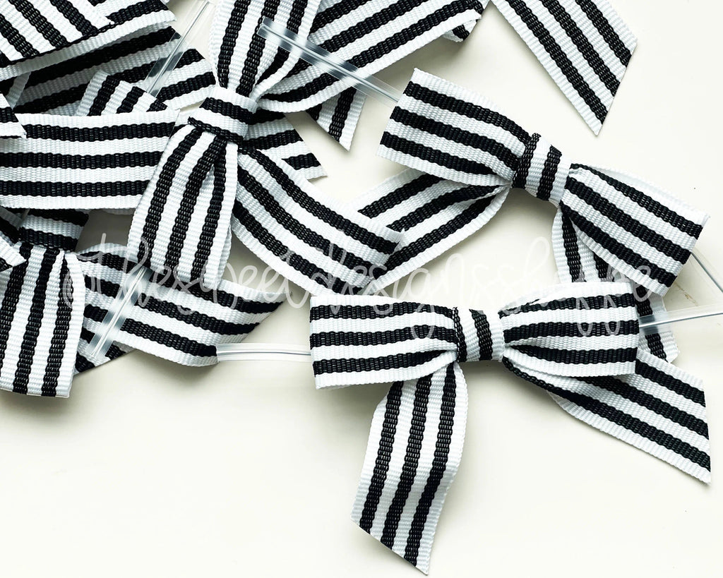 Ribbon Bow - Ribbon Bow with Twist Tie - Black & White Stripes Grosgrain - (50 Bows Pack) - The Sweet Designs Shoppe - Pack of 50 Bows - ALL, Bow, bows, Grosgrain, Packaging, Packaging Supplies, Promocode, Ribbon, wrapping