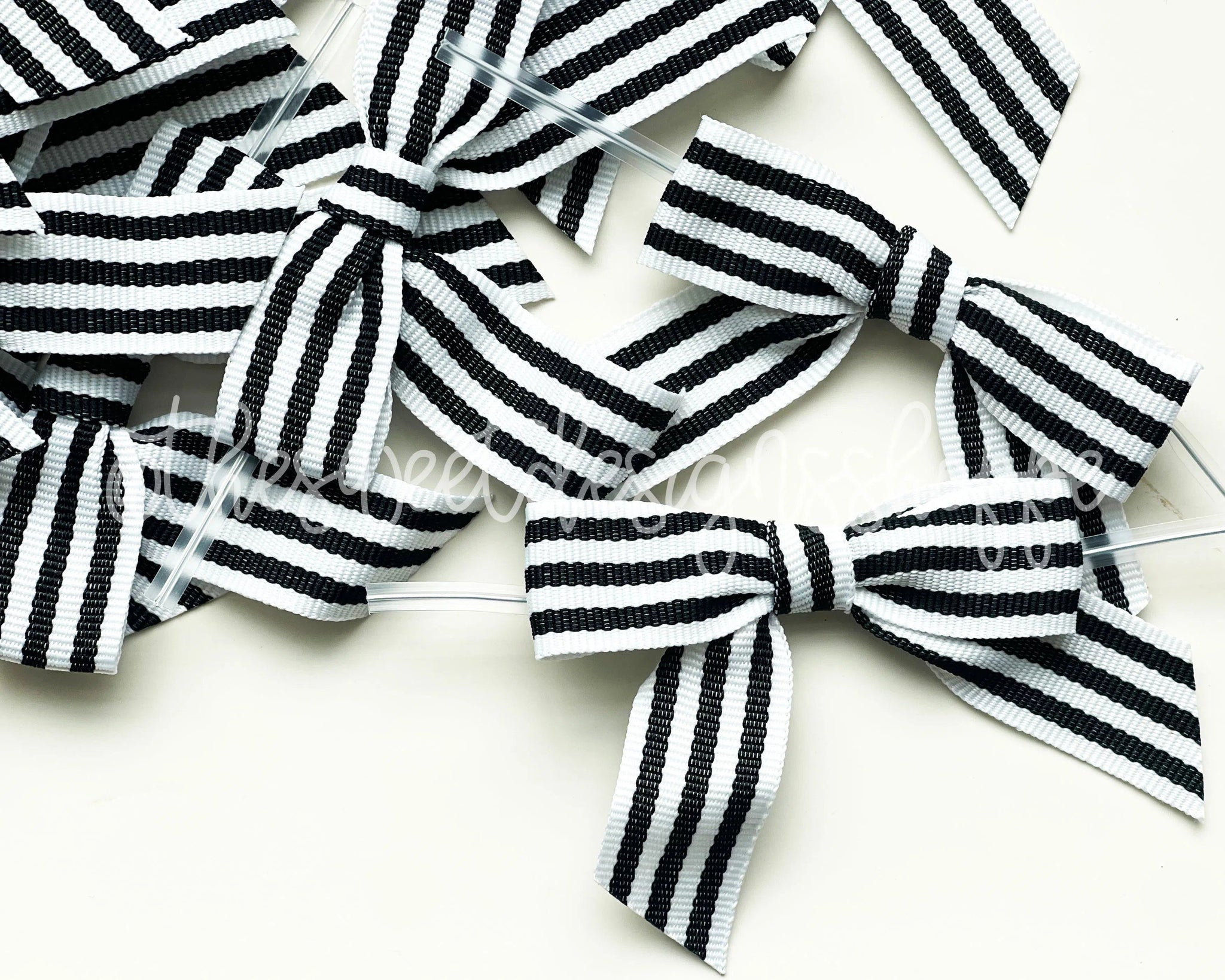 Ribbon Bow with Twist Tie - Black & White Stripes Grosgrain 