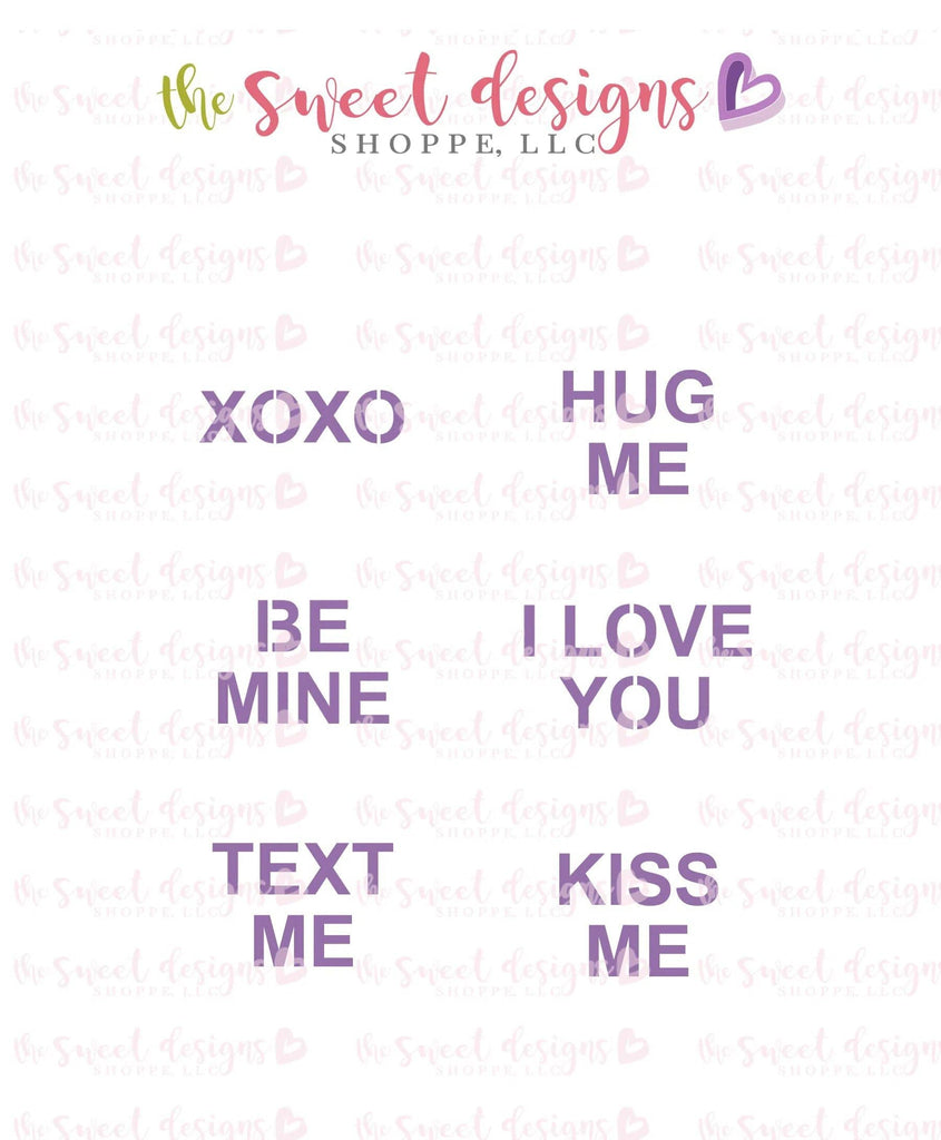 Stencils - Conversation Heart Stencil - For "Mini" Hearts - Array#1 - The Sweet Designs Shoppe - Regular 5-1/2" x 5-1/2 - ALL, Basic Shapes, Be mine, Hug me, I love you, kiss me, pattern, Promocode, Stencil, text me, valentine, Valentines, XOXO