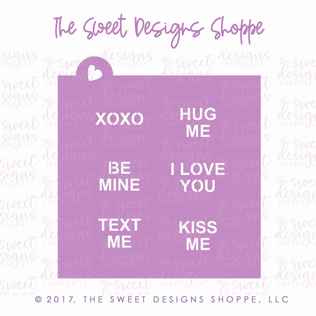 Stencils - Conversation Heart Stencil - For "Mini" Hearts - Array#1 - The Sweet Designs Shoppe - Regular 5-1/2" x 5-1/2 - ALL, Basic Shapes, Be mine, Hug me, I love you, kiss me, pattern, Promocode, Stencil, text me, valentine, Valentines, XOXO