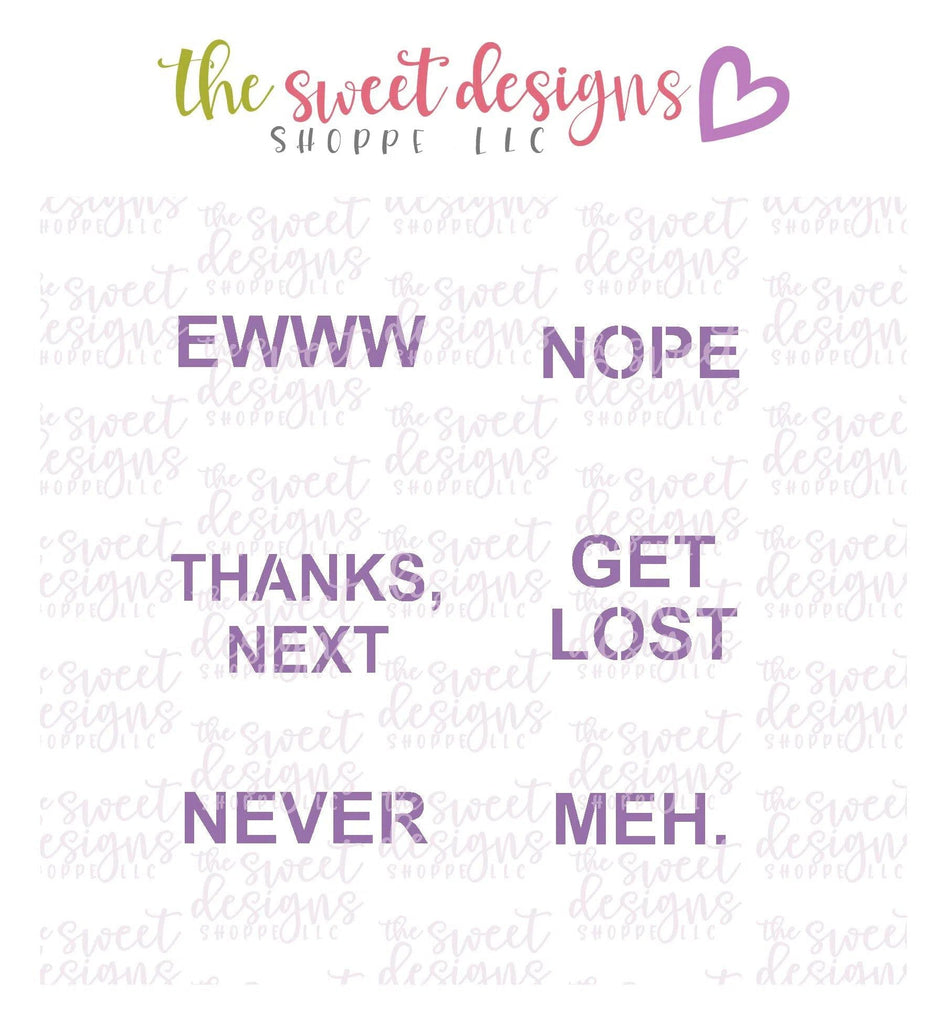 Stencils - Conversation Heart Stencil - For "Mini" Hearts - Array#6 - The Sweet Designs Shoppe - Regular 5-1/2" x 5-1/2 - ALL, Basic Shapes, ewww, get lost, meh, never, nope, pattern, Promocode, Stencil, thanks next, valentine, Valentines