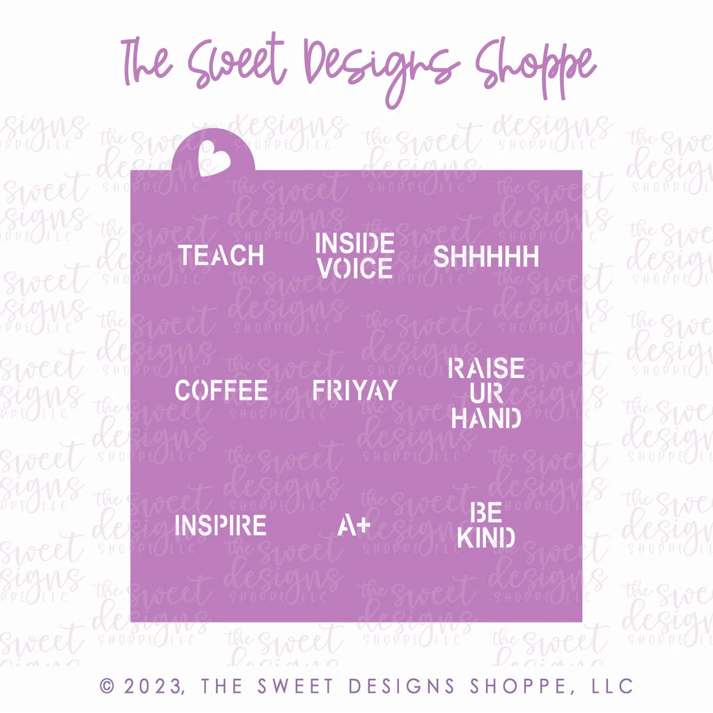 Stencils - Conversation Heart Stencil - For "Tiny" and "Mini" Hearts - Array#12 - Sweet Designs Shoppe - Regular 5-1/2" x 5-1/2 - A+, ALL, Basic Shapes, Be Kind, Coffee, Friyay, Inside Voice, Inspire, pattern, Promocode, Raise ur hand, Shhhhh, Stencil, Teach, valentine, Valentines