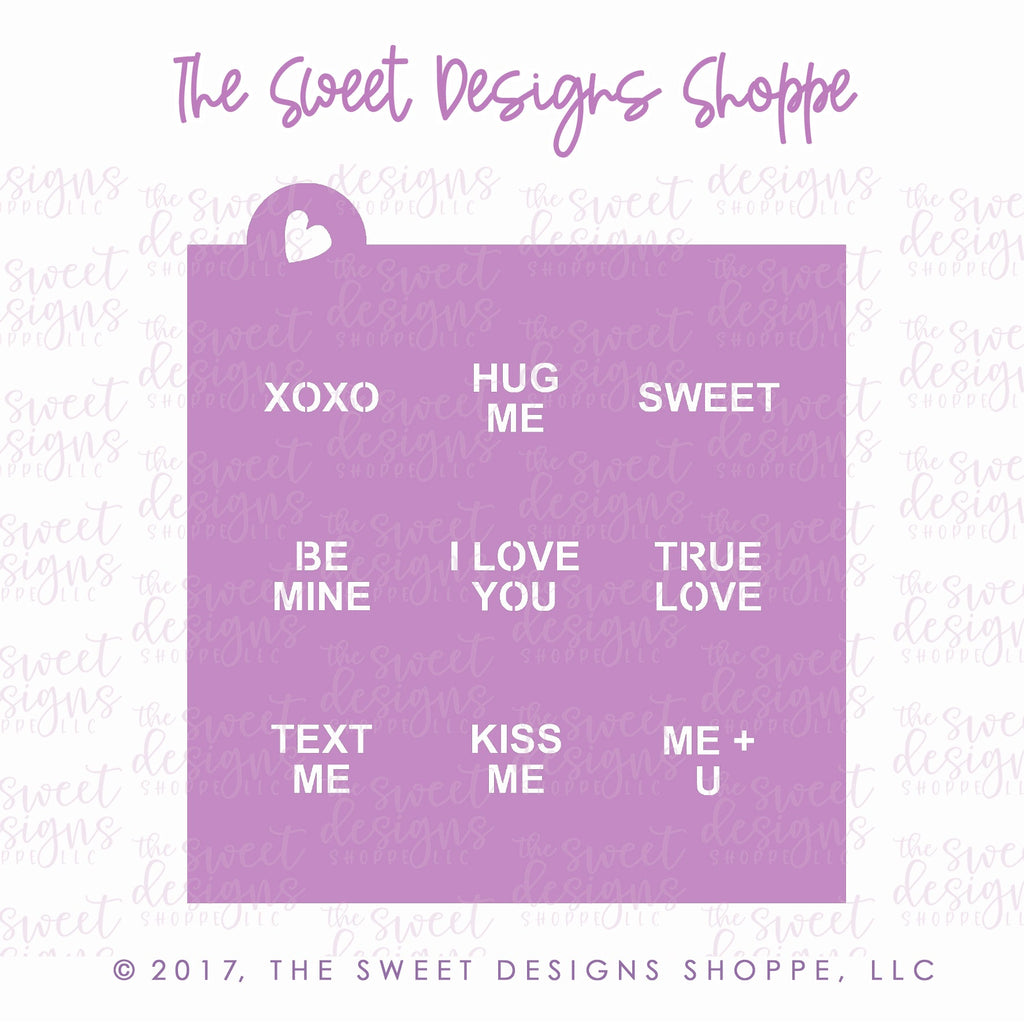 Stencils - Conversation Heart Stencil - For "Tiny" and "Mini" Hearts Array#2 - The Sweet Designs Shoppe - Regular 5-1/2" x 5-1/2 - ALL, Basic Shapes, Be mine, Hug me, I love you, kiss me, me + u, pattern, Promocode, Stencil, Sweets, text me, true love, valentine, Valentines, XOXO