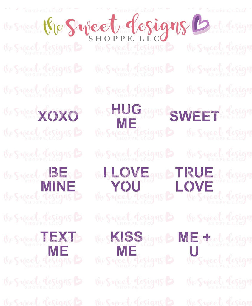 Stencils - Conversation Heart Stencil - For "Tiny" and "Mini" Hearts Array#2 - The Sweet Designs Shoppe - Regular 5-1/2" x 5-1/2 - ALL, Basic Shapes, Be mine, Hug me, I love you, kiss me, me + u, pattern, Promocode, Stencil, Sweets, text me, true love, valentine, Valentines, XOXO