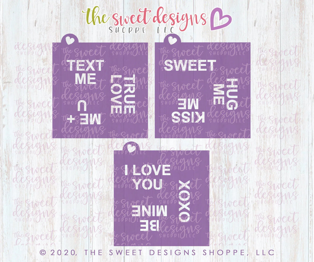 Stencils - Conversation Heart Stencil Set ( 3 Stencils) - For "Regular", "Mid Size" Hearts - Array: A, B & C - Sweet Designs Shoppe - Regular 5-1/2" x 5-1/2" ( Set of 3) - ALL, Basic Shapes, Be mine, Hug me, i love u, kiss me, me + u, pattern, Promocode, Stencil, Sweets, text me, true love, valentine, Valentines, XOXO