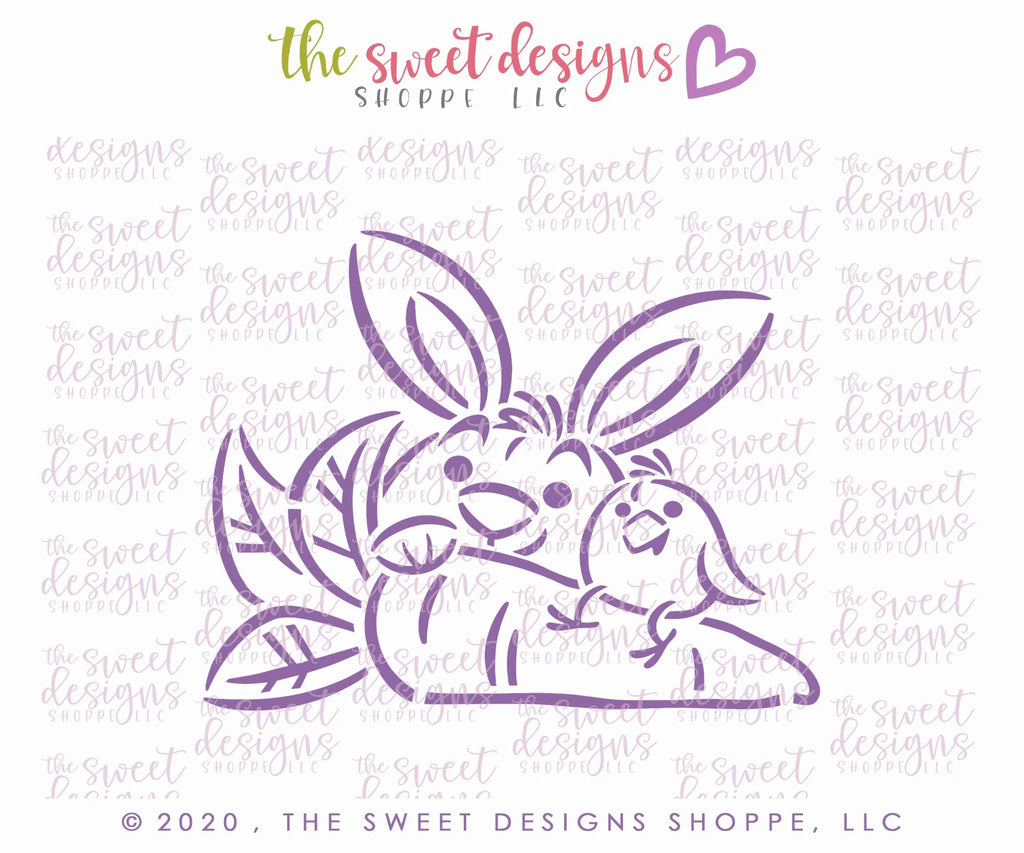 Stencils - PYOC Stencil - Bunny and Carrot Stencil - Sweet Designs Shoppe - Regular 5-1/2" x 5-1/2" - ALL, drawn with character, Easter, Easter / Spring, krista Heij-Barber, Promocode, PYO, PYOC, Stencil