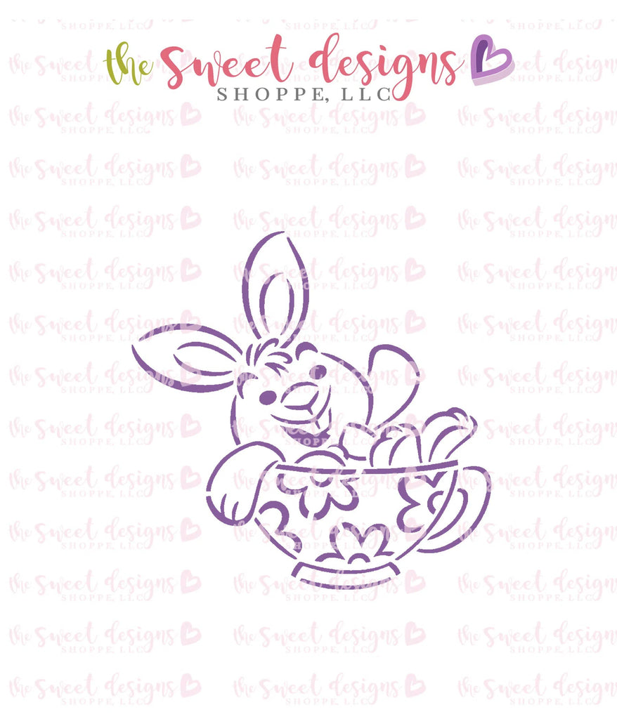Stencils - PYOC Stencil - Bunny in Tea Cup - Stencil - Sweet Designs Shoppe - Regular 5-1/2" x 5-1/2" - ALL, drawn with character, Easter, Easter / Spring, krista Heij-Barber, Promocode, PYO, PYOC, Stencil