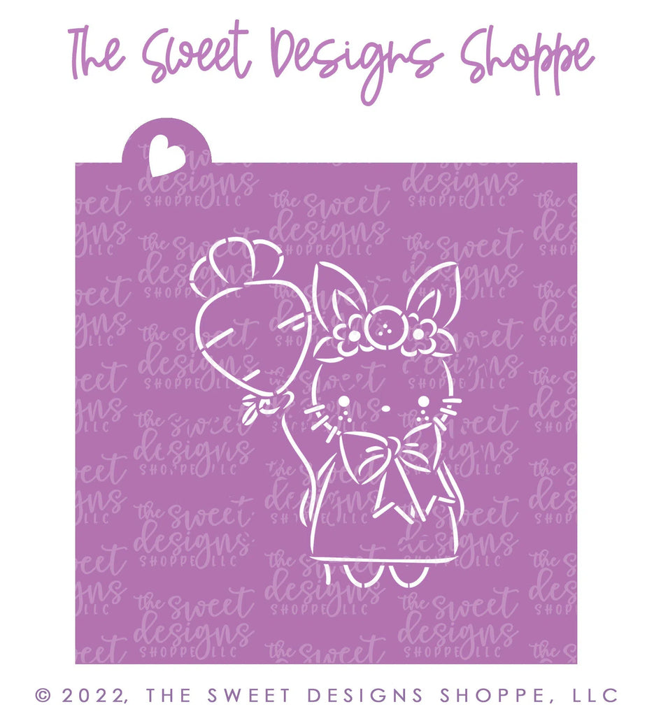 Stencils - PYOC Stencil - Bunny with Balloon - Stencil - Sweet Designs Shoppe - Regular 5-1/2" x 5-1/2" - ALL, Animal, Animals, drawn with character, Easter, Easter / Spring, Fantasy, Kids / Fantasy, Promocode, PYO, PYOC, Stencil