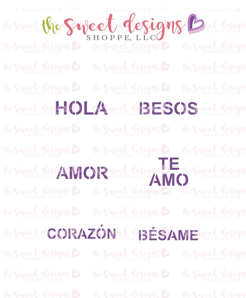 Stencils - Spanish Conversation Heart Stencil - For "Mini" Hearts - Array#3 - Sweet Designs Shoppe - Regular 5-1/2" x 5-1/2 - ALL, AMOR, Basic Shapes, besame, besos, corazon, hola, pattern, Promocode, Stencil, te amo, Valentines